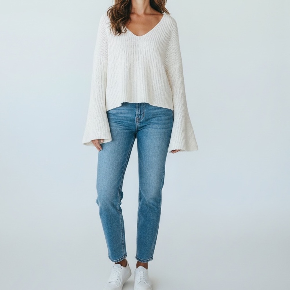 NWT PrettyLittleThing Cream Brushed Knitted Cropped Long Bell Sleeve Sweater XL